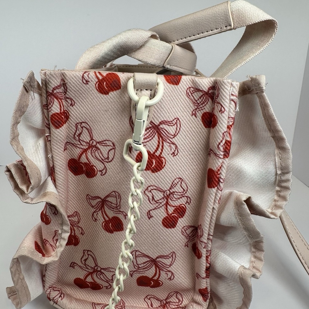 Betsey Johnson Cherry Ruffle Tote Bag Women Pink Red Canvas Crossbody Handbag - Picture 6 of 12